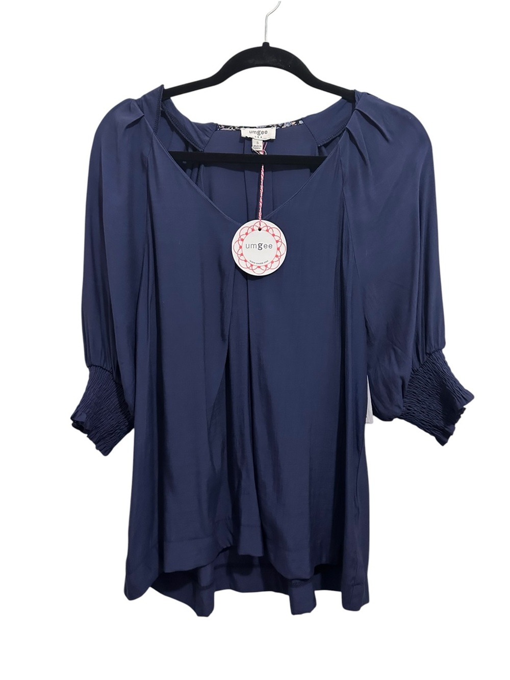 Umgee Navy Blue Peasant Top with Smocked Sleeves